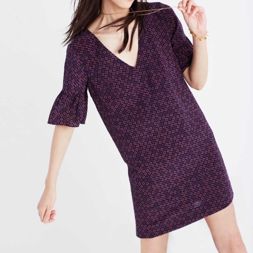 Madewell | Purple Silk Bell Sleeve Dress In Painted Clover